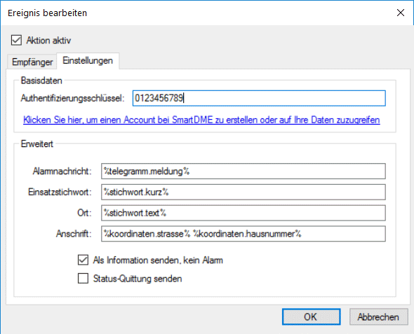 Aktion SmartDME, Reiter Einstellungen