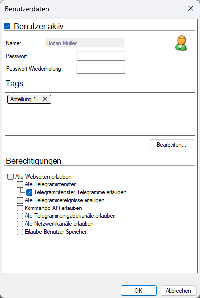 Dialog Benutzerdaten mit Name, Passwort, Tags und Berechtigungen