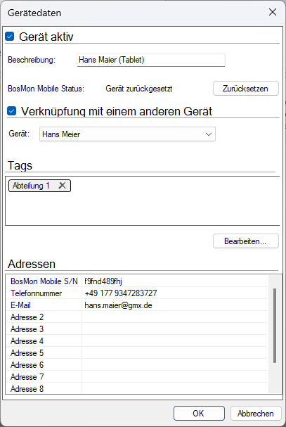 Dialog Gerätedaten mit Status, Tags und Adressen eines Geräts
