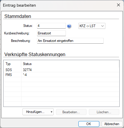 Stammdaten einer Statuskennung mit verknüpften Statuskennungen