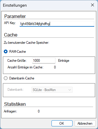 Einstellungen des Suchanbieters Google mit API Key, Cache und Statistiken