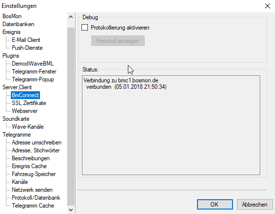 Einstellungsseite BmConnect mit dem Verbindungsstatus