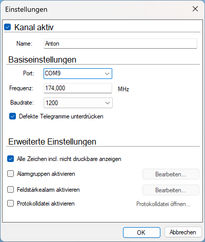Einstellungen des Kanals Anton Pocsag-Analyzer