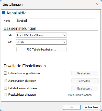 Einstellungen des Kanals mit Typ EuroBOS Claris/Darius