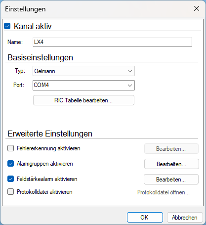 Einstellungen des Kanals Serielle Melder, hier mit Typ Oelmann