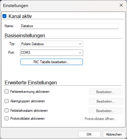 Einstellungen des Kanals mit Typ Polarion Databox