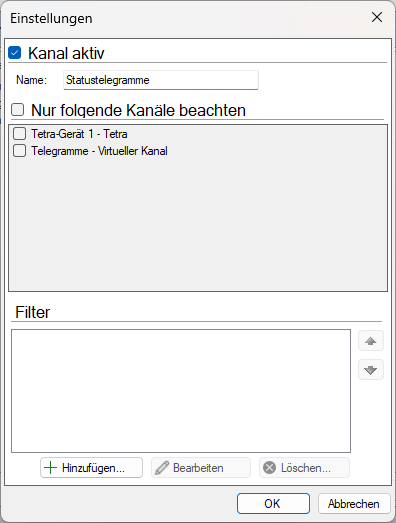Einstellungen des Kanals Statustelegramme mit Kanalauswahl und Filtern