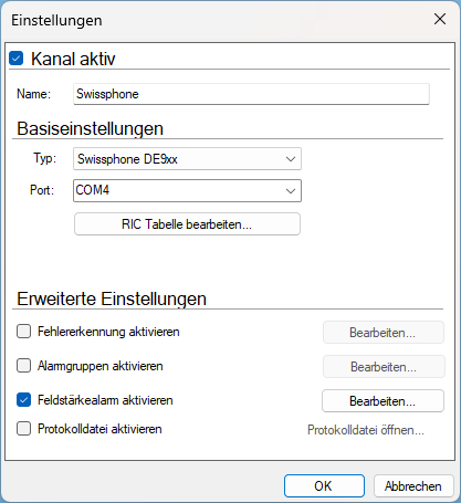 Einstellungen des Kanals Serielle Melder mit Typ Swissphone DE9xx