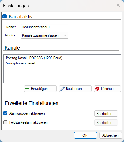 Einstellungen des Kanals Kanäle zusammenfassen mit Modus und Kanalliste