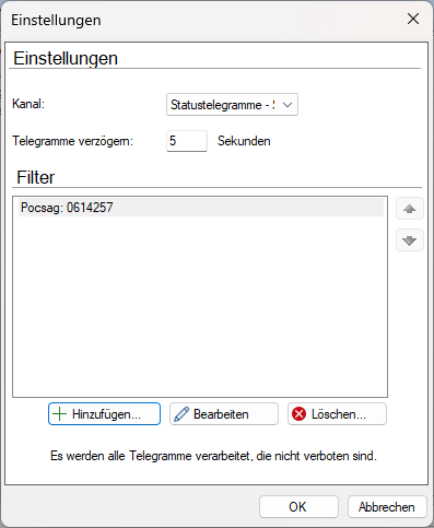 Fenster zum Hinzufügen eines Kanals mit Verzögerung und Filtern