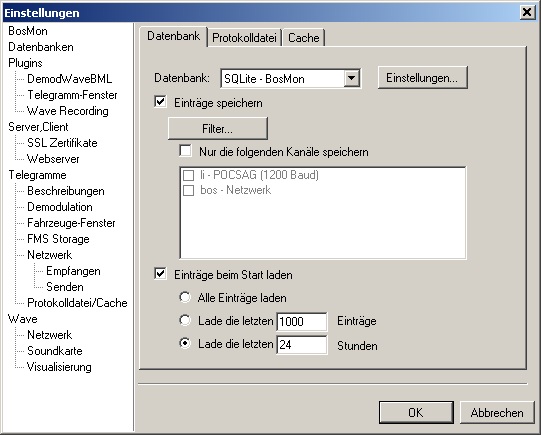 Einstellungen, Reiter Datenbank der Protokolldatei-Einstellungen