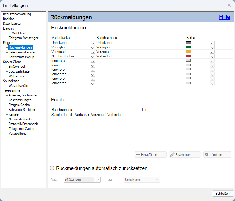 Einstellungen, Seite Rückmeldungen mit Verfügbarkeiten, Profilen und automatischem Zurücksetzen