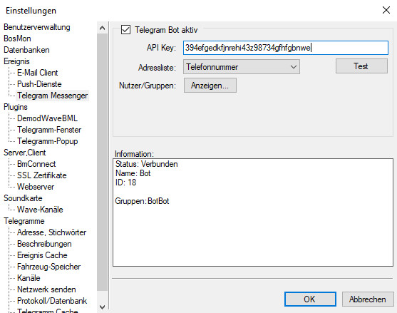 Einstellungen, Seite Telegram Messenger mit API Key, Adressliste und Informationen