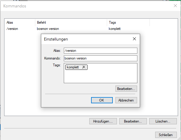 Einstellungen des Telegram Messengers, Liste der Kommandos mit Alias, Kommando und Tags