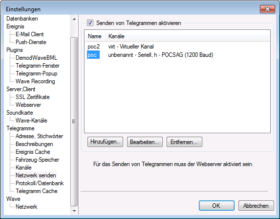 Einstellungsseite Netzwerk senden mit der Liste der virtuellen Kanäle