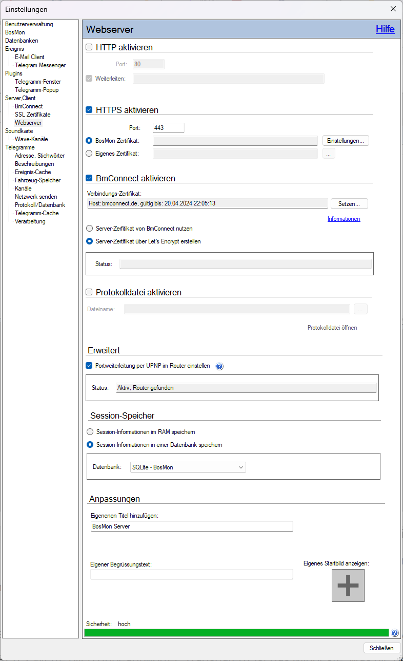 Einstellungsseite Webserver