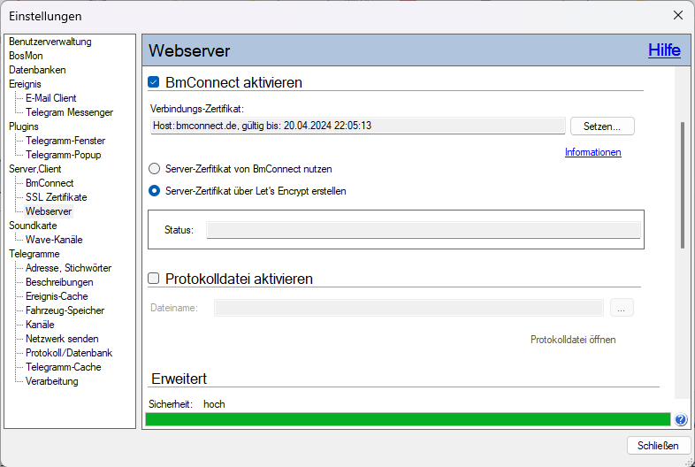 Webserver-Einstellungen mit aktiviertem BmConnect und gesetztem Verbindungs-Zertifikat