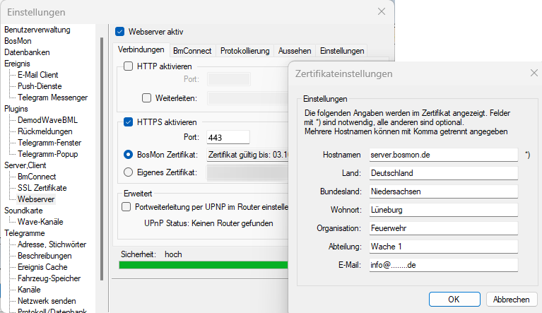 Webserver-Einstellungen mit aktiviertem HTTPS und geöffnetem Dialog Zertifikateinstellungen