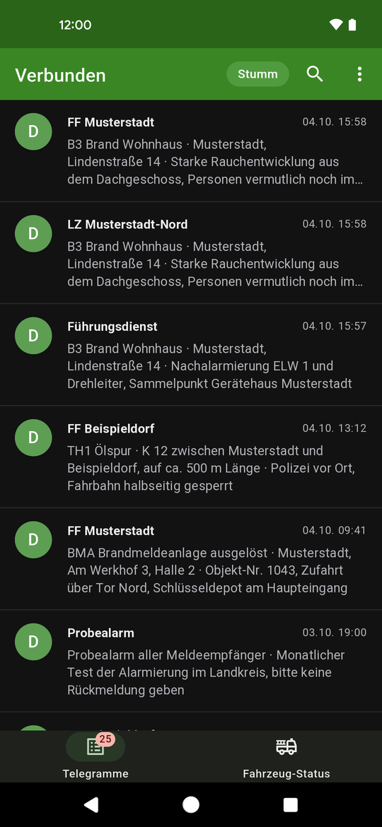 Hauptbildschirm mit dem Reiter „Telegramme“