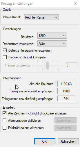 Einstellungen des POCSAG-Kanals