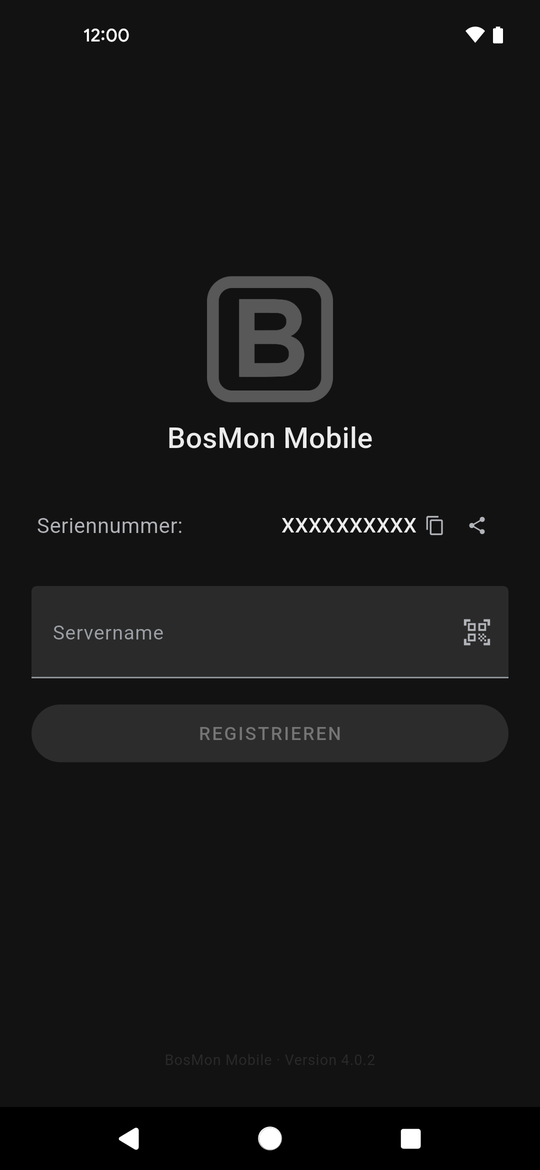 Anmeldebildschirm mit Servername, Seriennummer und Schaltfläche REGISTRIEREN