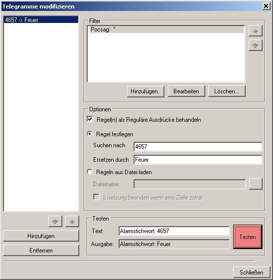 Fenster Telegramme modifizieren mit Filter, Regel und Testbereich