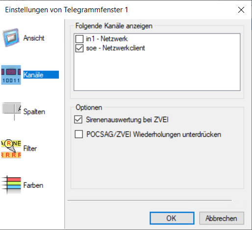 Konfiguration des Telegramm-Fensters, Telegramme und Kanäle