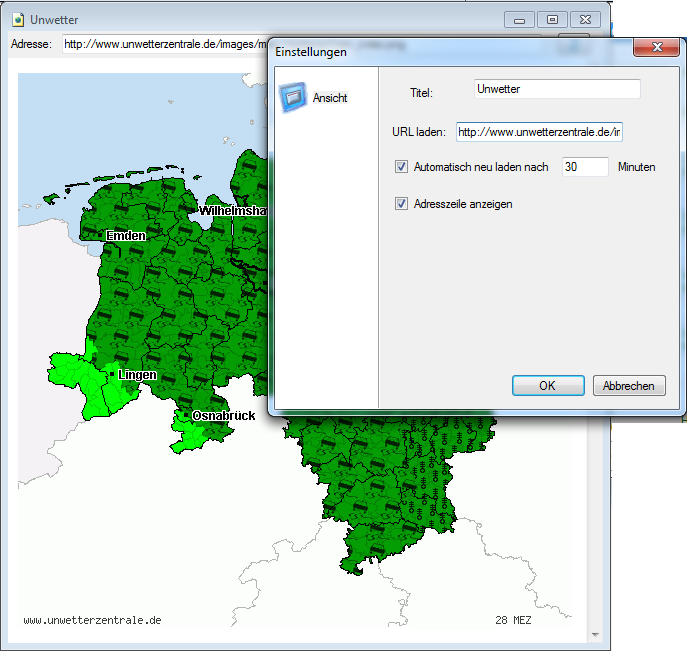 Konfiguration des Webbrowser-Fensters, Ansicht
