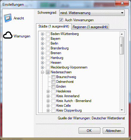 Konfiguration des Wetterwarnungen-Fensters